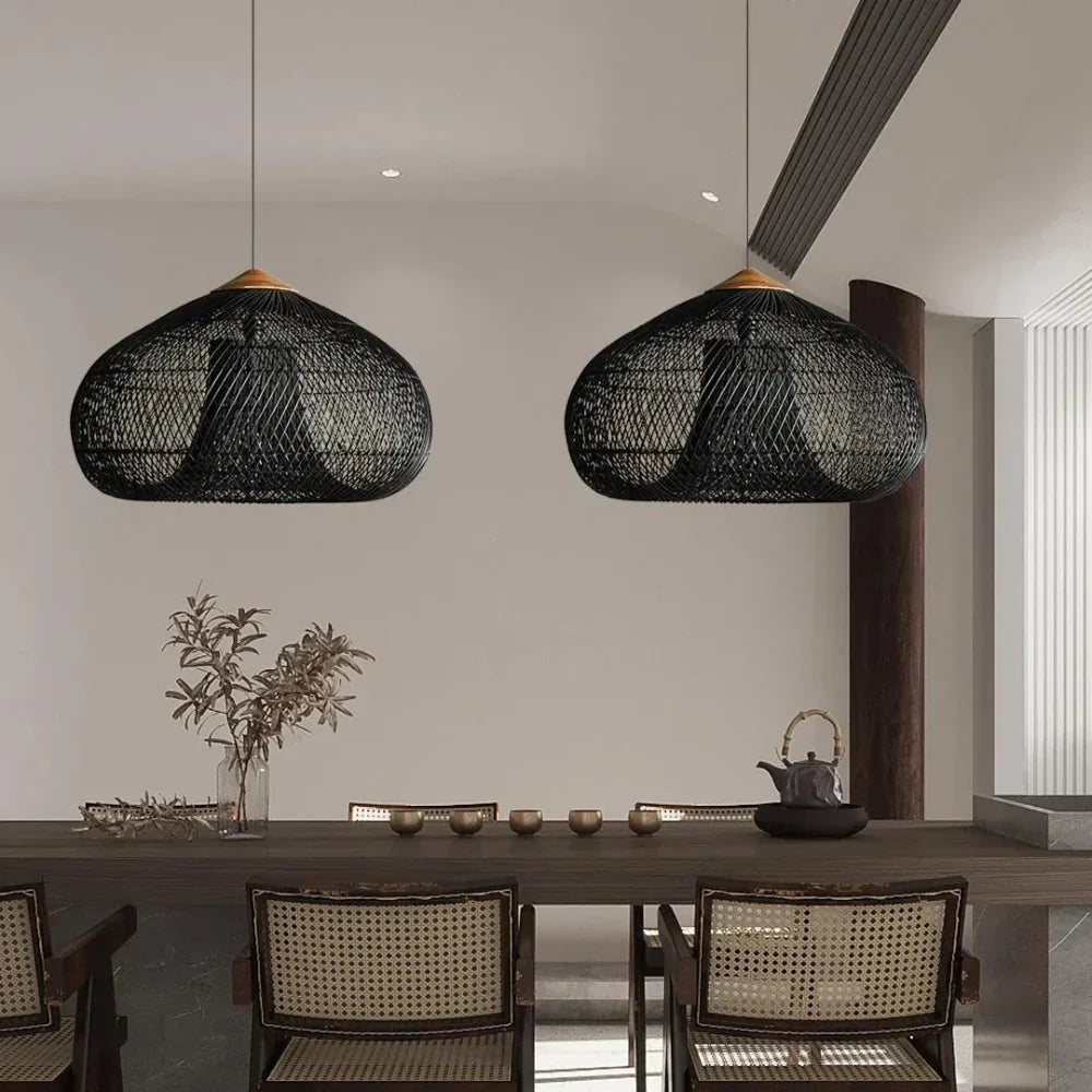 Woven Rattan Ceiling Light Fixture E26 Natural Boho Hanging Lamp for Dining Kitchen Island Bedroom Ambient Lighting Handcrafted Organic Text
