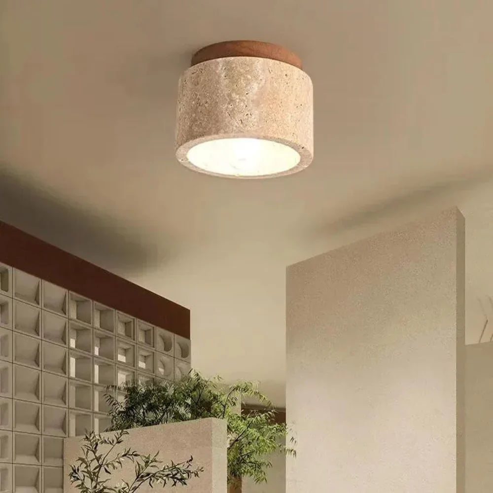Flush Mount Ceiling Fixture Natural Stone Cream 4.7 in LED Compact Entryway Lighting for Hallways Bedrooms Foyers Modern Minimalist Japandi