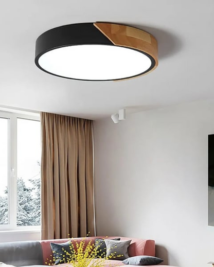 Round Flush Mount Ceiling Light with Wood Accent and Integrated LED – Modern Low Profile Fixture in 9, 12, 16, 20, and 24 inch Sizes for Liv