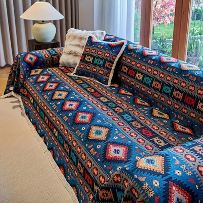 Geometric Throw Blanket for Sofa – Woven Cotton Chenille Couch Cover with Bohemian Pattern for Living Room Furniture