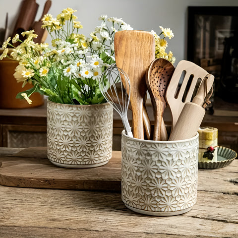 Brisa Utensil Holder - Ceramic, Embossed Floral Design