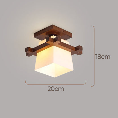 Square Flush Mount Ceiling Light Fixture with Wood Accent, White Shade, E27 Socket for Bedroom, Hallway, Living Room, Minimalist Home Lighti