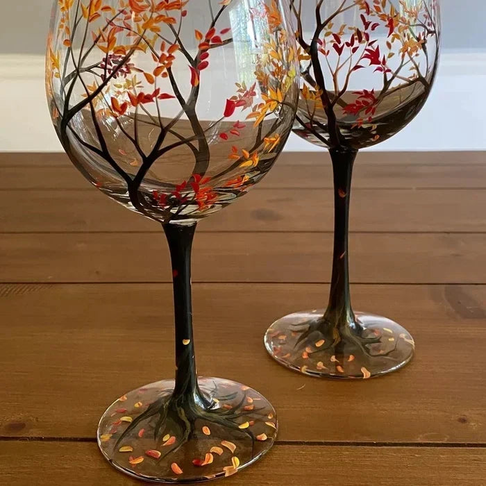 Hand-Painted Seasonal Tree Wine Glasses – Artisan Stemware with Four Seasons Design for Home & Gift