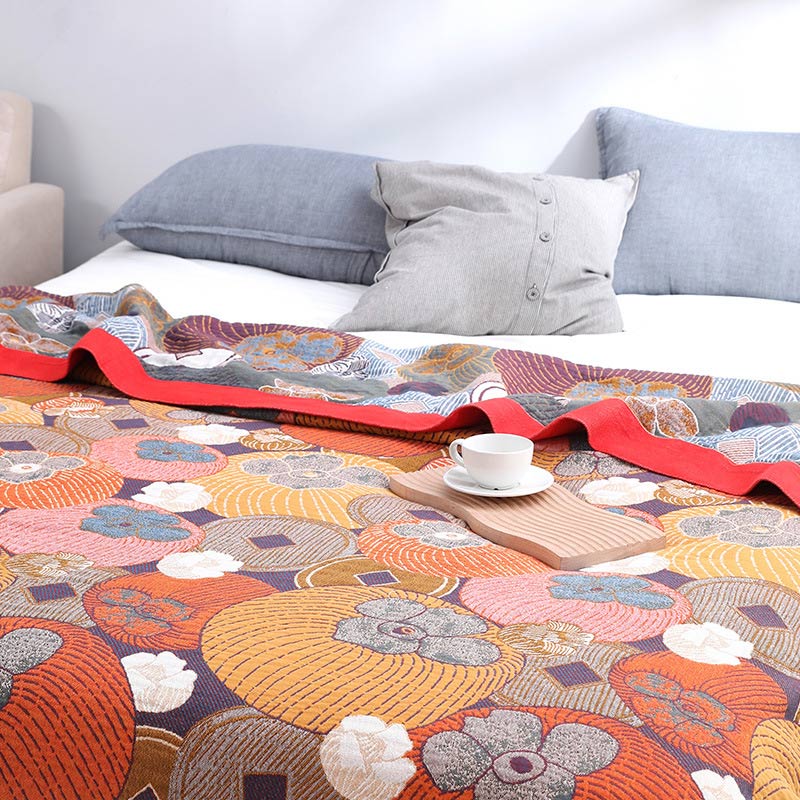 Reversible Cotton Gauze Quilt with Persimmon Pattern - Lightweight Summer Blanket for Bed, Sofa & Travel - Queen, King & Full Sizes