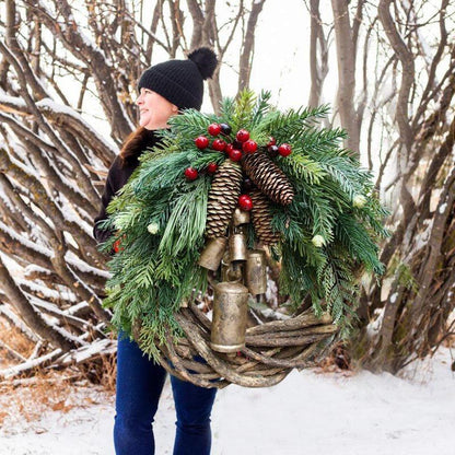 Rustic Winter Door Wreath with Gold Bells, Pine Cones & Berries – Farmhouse Seasonal Decoration for Front Entry or Mantel Display