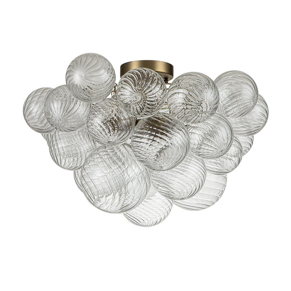 Three-Globe Ceiling Mount Fixture with Textured Glass Shades in Warm Metal Finish for Entry, Dining Room & Living Room