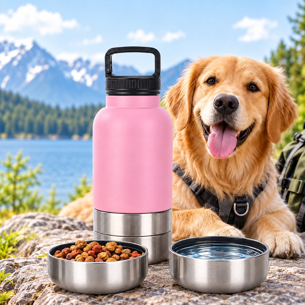 Ortekor 3-in-1 Insulated Pet Travel Water Bottle with Food Storage and 2 Bowls - Easy Feeding for Walks, Hiking and Road Trips