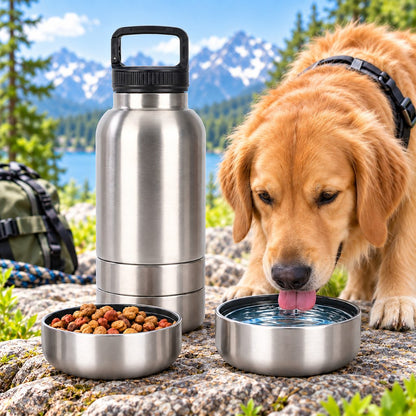 Ortekor 3-in-1 Insulated Pet Travel Water Bottle with Food Storage and 2 Bowls - Easy Feeding for Walks, Hiking and Road Trips