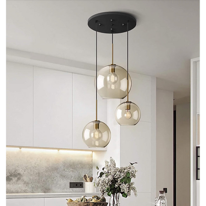 Triple Globe Hanging Fixture Amber Glass Shades Copper Hardware for Dining Table Kitchen Island Ceiling Mount E26 Socket 110V US