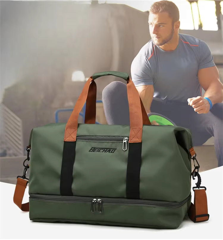 Gym Duffel Bag Water-Repellent Leather Wet-Dry & Shoe Compartment