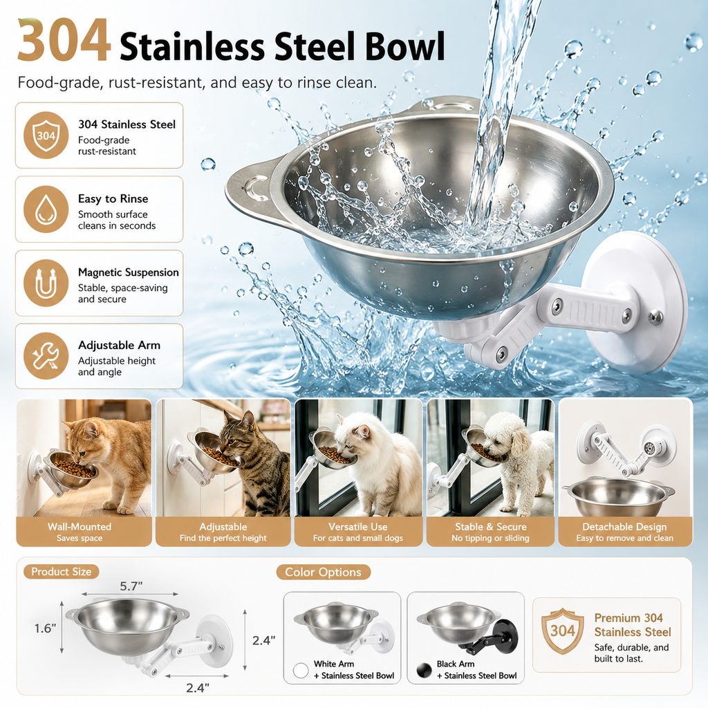 Ortekor No-Drill Wall-Mounted Pet Bowl for Small Dogs & Cats - Elevated Feeding for Cleaner Floors