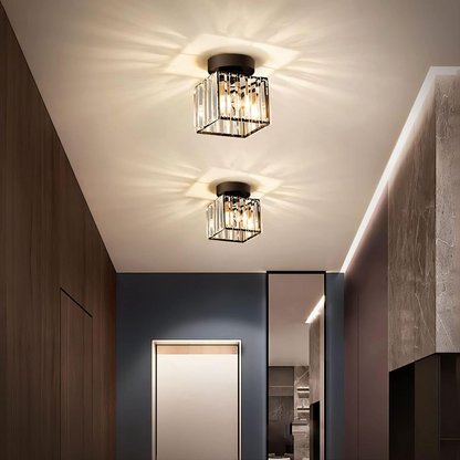 Decorative Flush Mount Light Fixture with Glass Cube and Metal Accents E27 Socket for Entryway Bedroom Small Room Ambient Overhead Lighting
