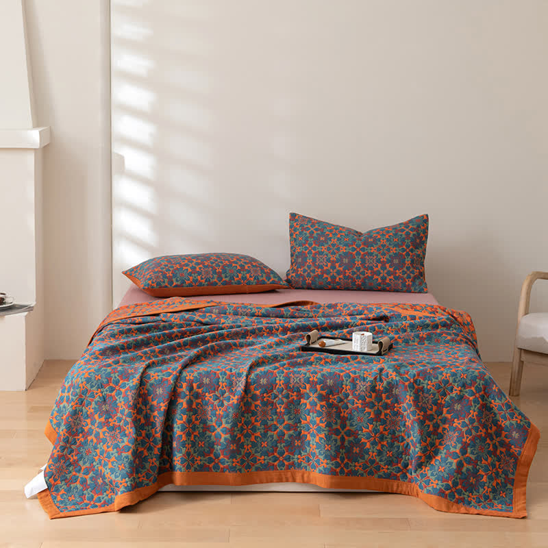 Six-Layer Cotton Quilt Reversible Lightweight Blanket Orange Blue Geometric Pattern for Year-Round Comfort Bedroom Guest Room