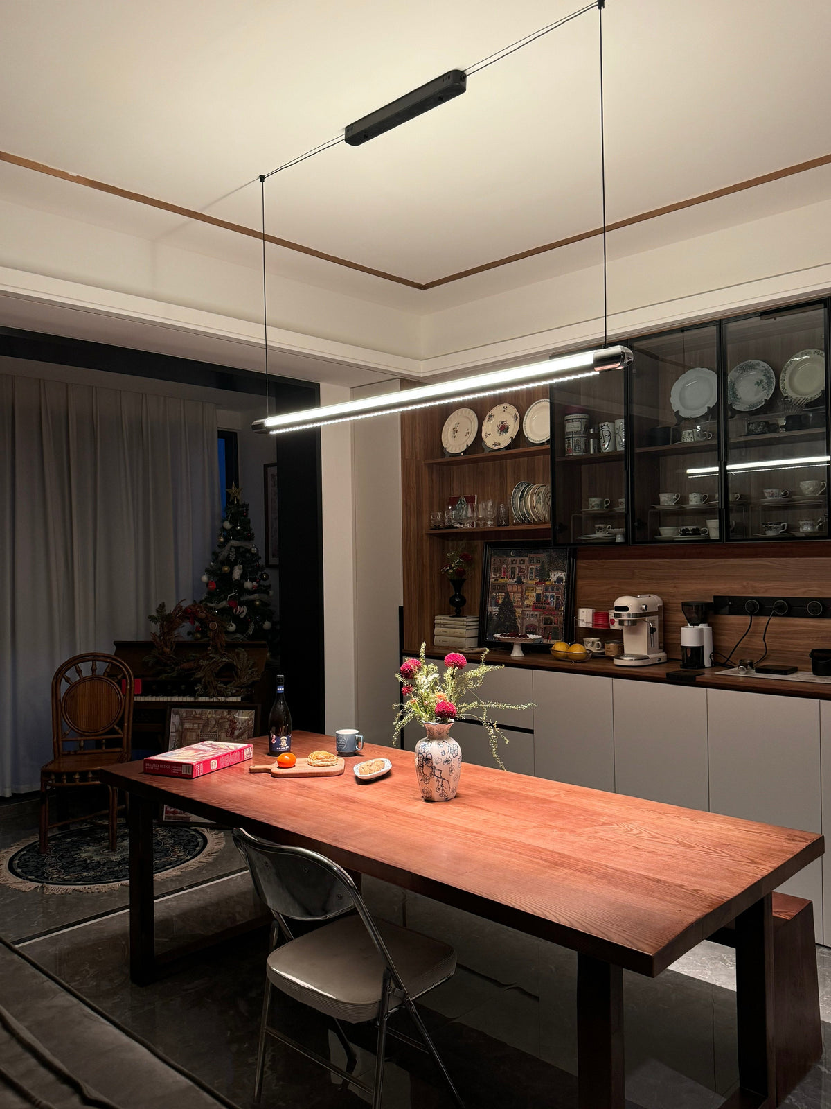 Linear LED Chandelier 35 Inch Dimmable Remote Control Black Metal Island Light for Kitchen Dining Room Adjustable Cord Modern Hanging Fixtur