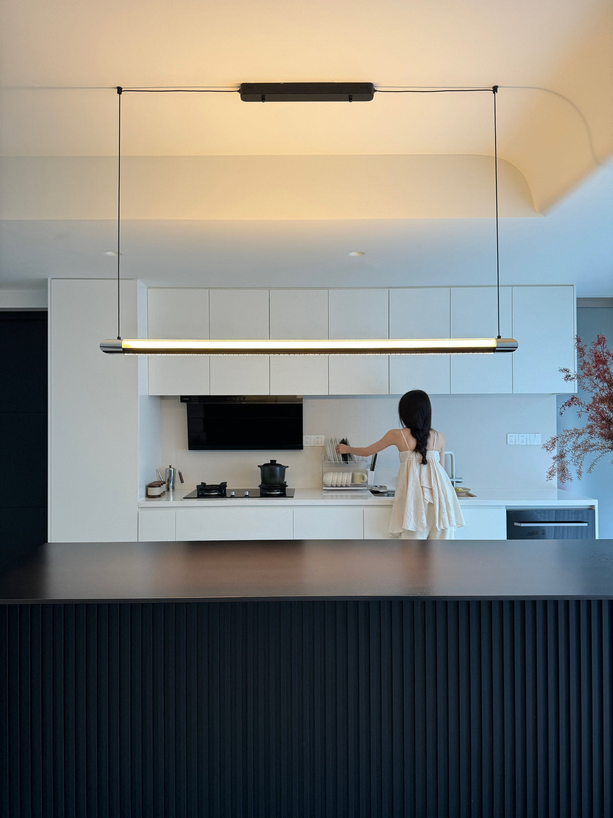 Linear LED Chandelier 35 Inch Dimmable Remote Control Black Metal Island Light for Kitchen Dining Room Adjustable Cord Modern Hanging Fixtur