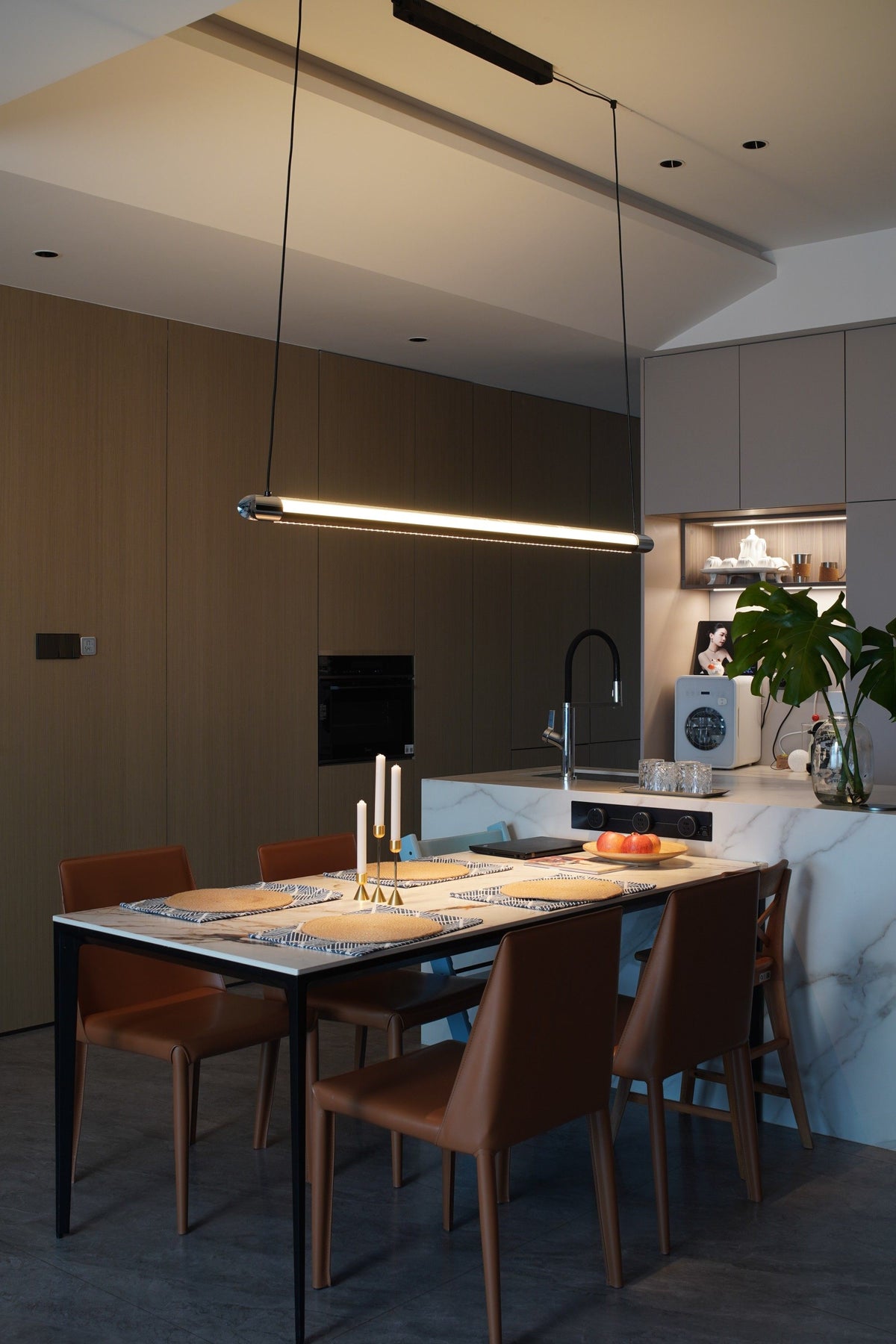 Linear LED Chandelier 35 Inch Dimmable Remote Control Black Metal Island Light for Kitchen Dining Room Adjustable Cord Modern Hanging Fixtur