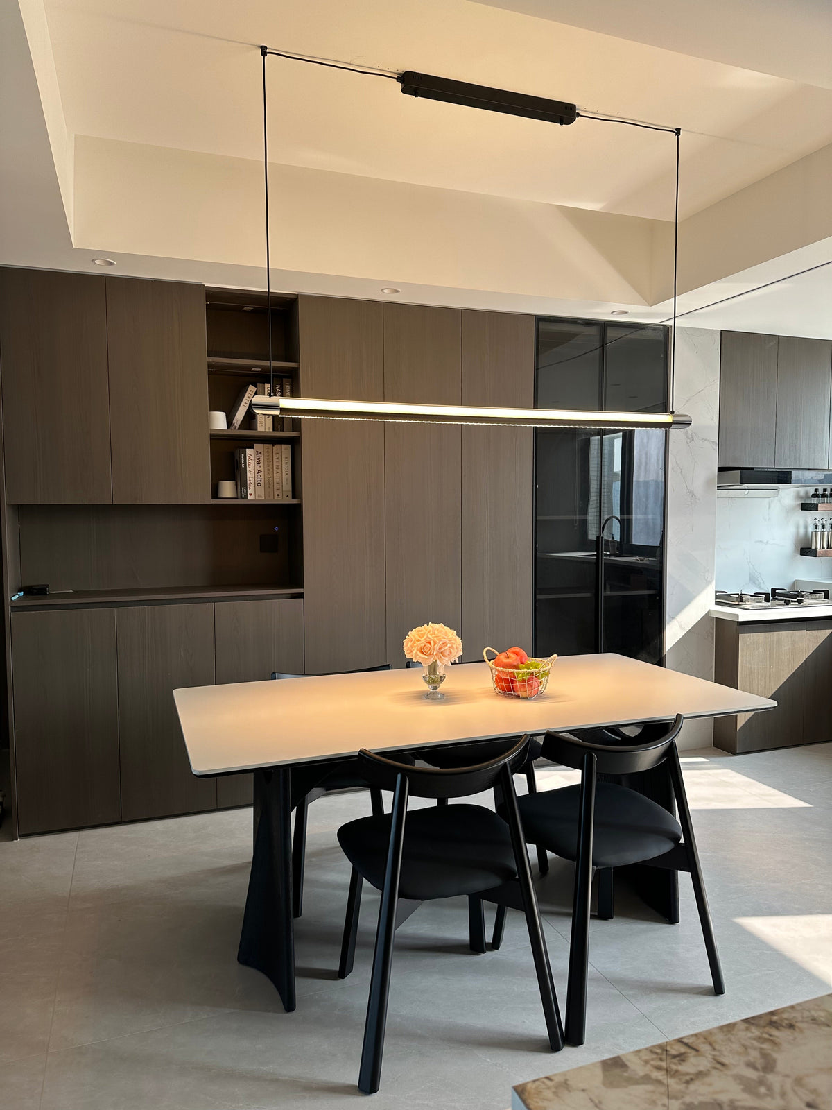 Linear LED Chandelier 35 Inch Dimmable Remote Control Black Metal Island Light for Kitchen Dining Room Adjustable Cord Modern Hanging Fixtur