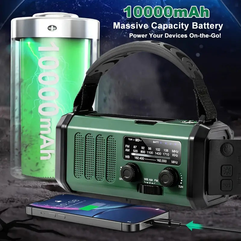 Emergency Hand Crank Weather Radio with 10000mAh Power Bank, Solar Charging, LED Flashlight, SOS Alarm for Camping Hiking Storms Blackouts