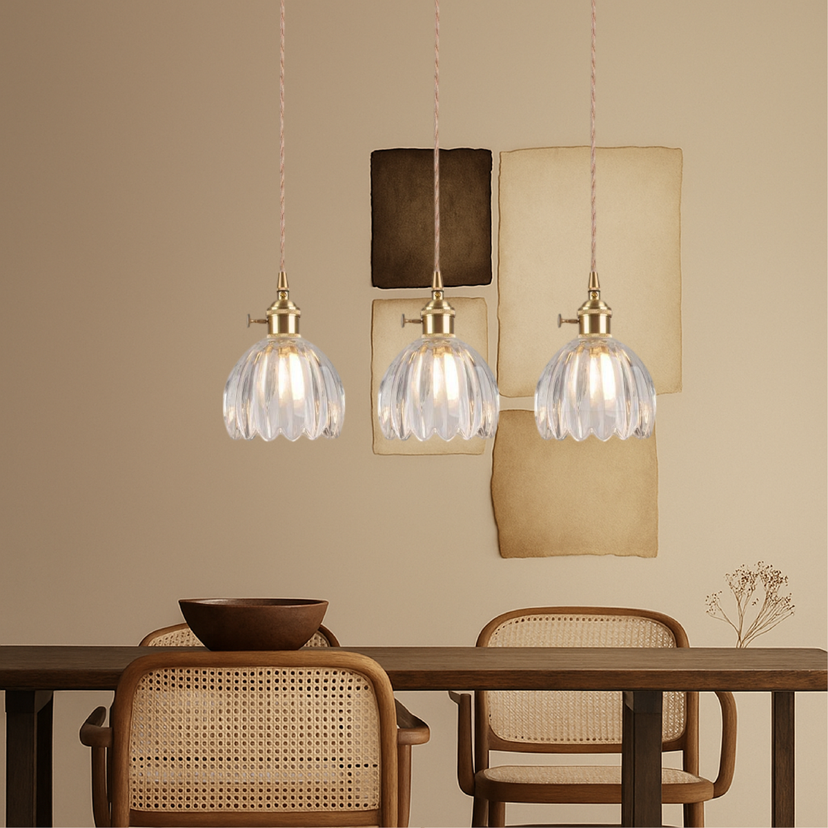 Fluted Glass Hanging Light Fixture 4.7 Inches Compact Globe Pendant Lamp E27 Socket for Kitchen Island Dining Table Bar Counter Ambient Illu