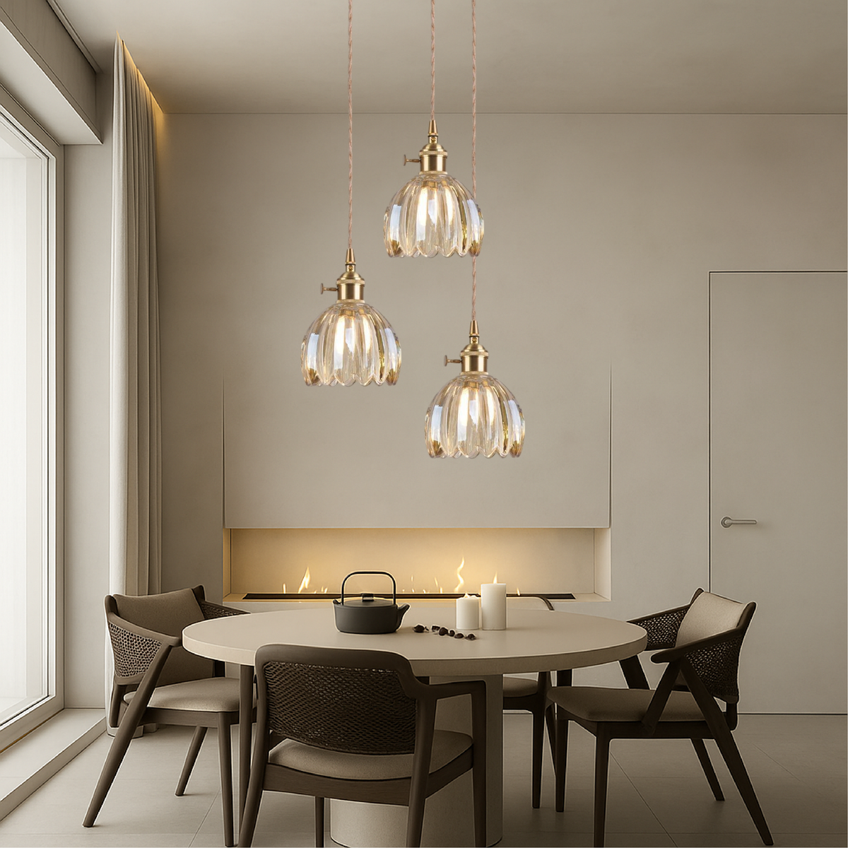 Fluted Glass Hanging Light Fixture 4.7 Inches Compact Globe Pendant Lamp E27 Socket for Kitchen Island Dining Table Bar Counter Ambient Illu