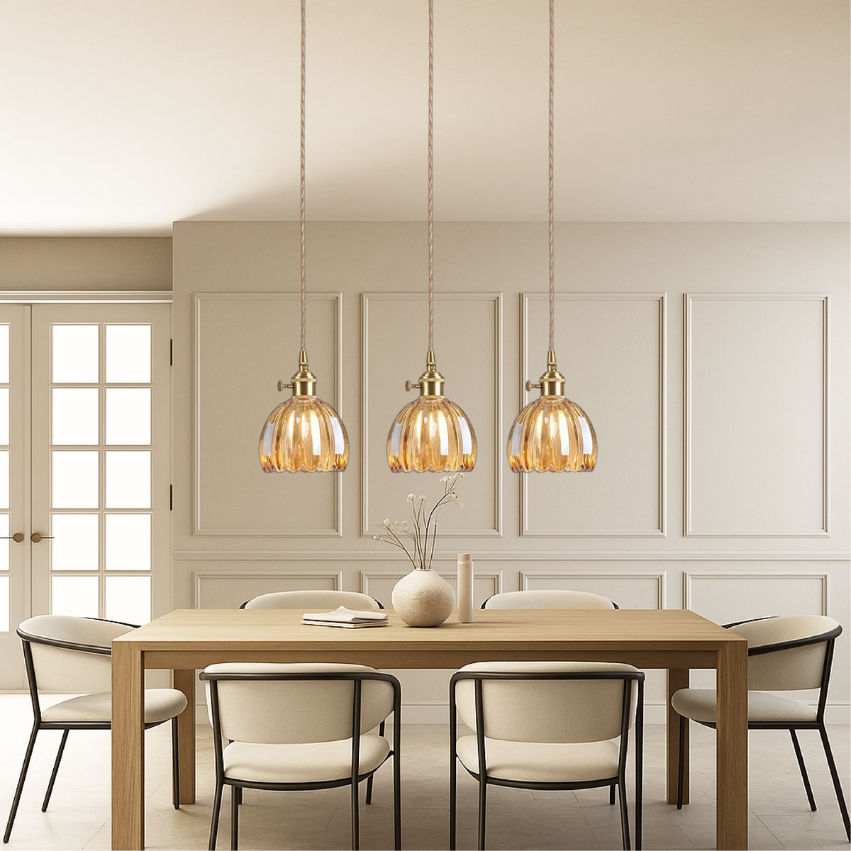 Fluted Glass Hanging Light Fixture 4.7 Inches Compact Globe Pendant Lamp E27 Socket for Kitchen Island Dining Table Bar Counter Ambient Illu