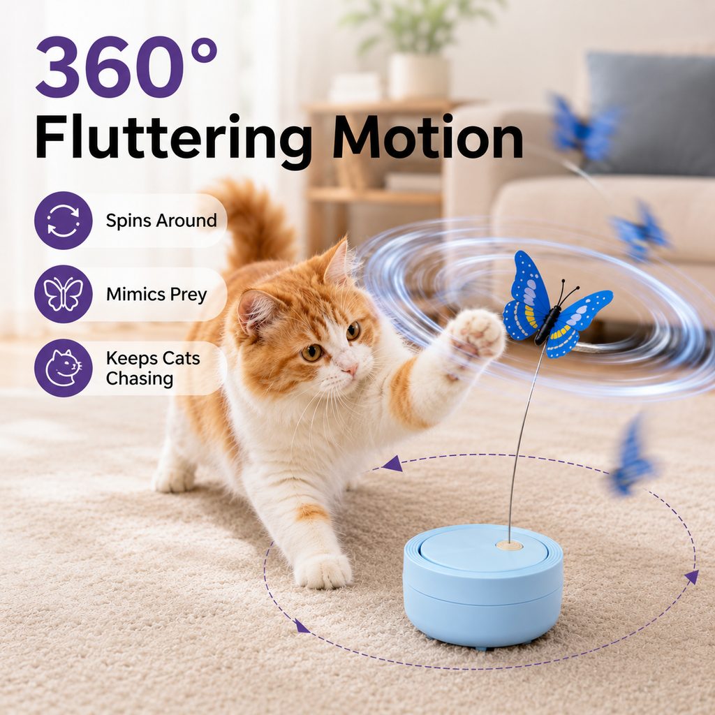 Ortekor FlutterFly 360 Automatic Butterfly Cat Toy for Indoor Cats - Hands-Free Self-Play Teaser to Beat Boredom