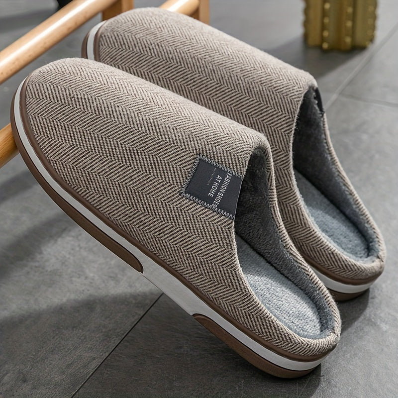 Men's Plush Herringbone Slippers – Warm Indoor House Shoes with Non-Slip Grip for Fall & Winter