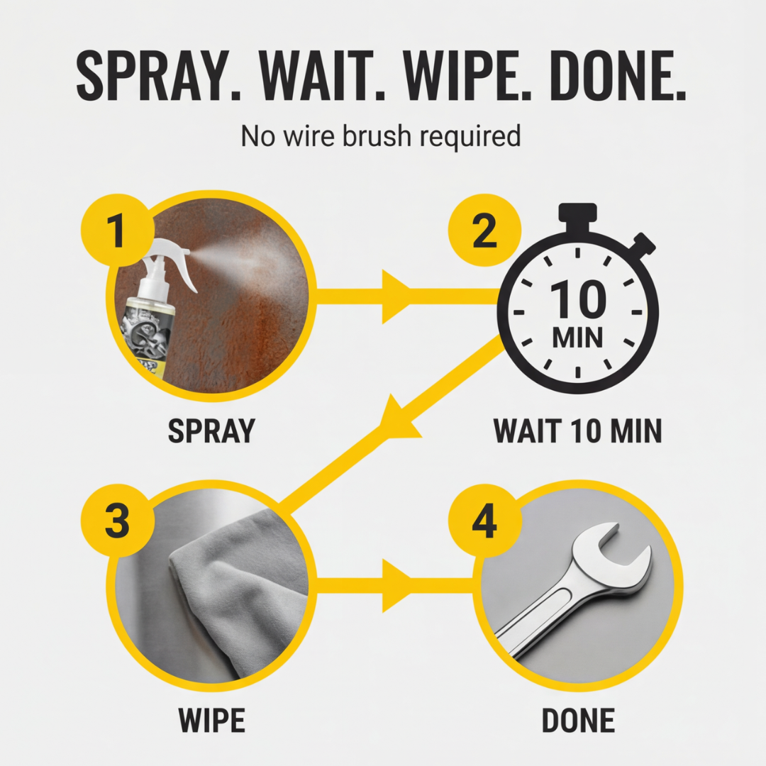 Corrosion Dissolver Spray for Metal Tools and Equipment – Iron Steel Chrome Oxidation Treatment – Works in Minutes for Workshop Garage Garde