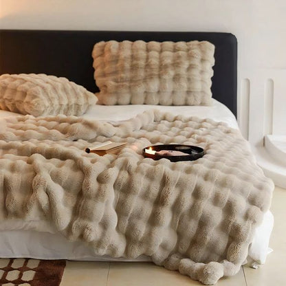 Plush Synthetic Fur Throw Blanket in Neutral Tones for Sofa, Bed, Living Room, and Bedroom