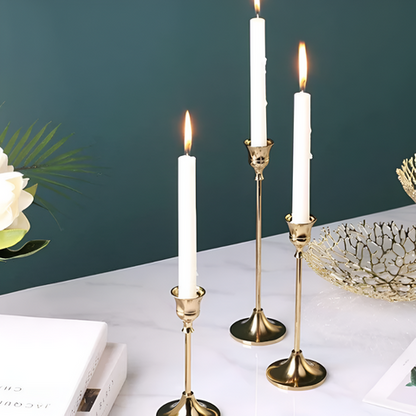 Vesper Candle Holder Set - Gold Metal, Vintage Style Taper Candle Holders, 3 Pieces