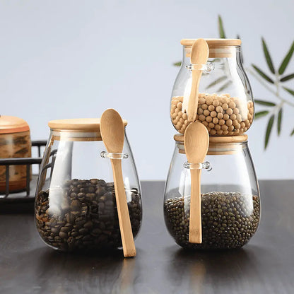 Clear Glass Canister with Bamboo Lid & Spoon for Pantry Organization Coffee Beans Loose Tea Dry Goods Kitchen Counter Storage Jar Airtight S
