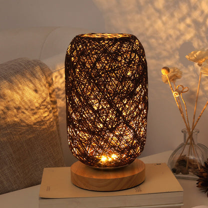 Woven Rattan Table Lamp with Wood Base & Metal Frame – Plug-In LED Desk Light for Bedroom, Living Room & Office