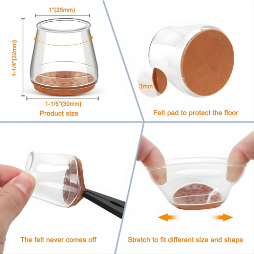 Furniture Leg Caps Clear Silicone with Felt Pads for Floor Protection on Hardwood, Tile, Laminate | Chair Table Feet Covers Anti-Scratch