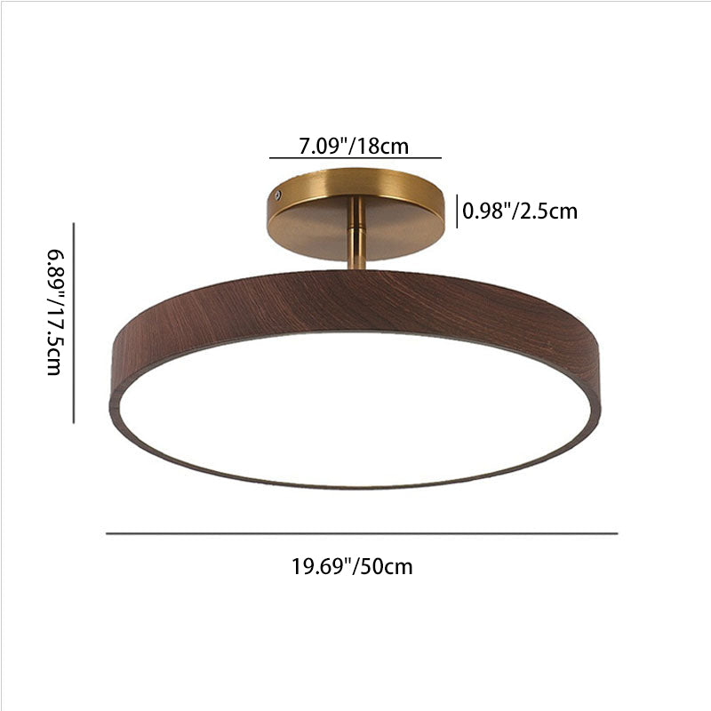 Round Iron Ceiling Light with Wood Grain Finish - Integrated LED Semi-Flush for Bedroom, Living Room & Hallway