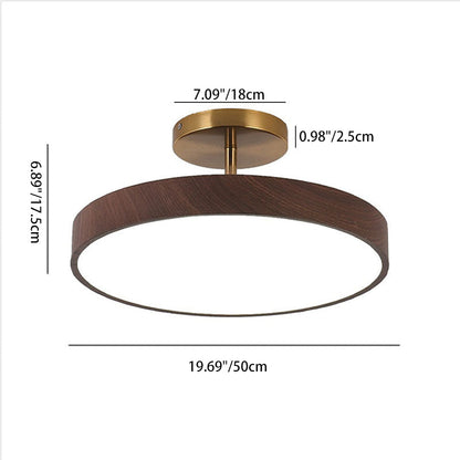 Round Iron Ceiling Light with Wood Grain Finish - Integrated LED Semi-Flush for Bedroom, Living Room & Hallway