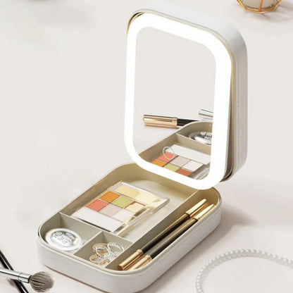 Lighted Makeup Travel Case with LED Mirror & Organizer Compartments for Beauty Products, Cosmetics Storage, On-the-Go Touch-Up Kit