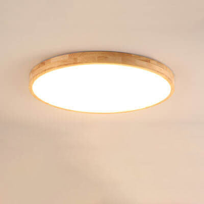 Slim Profile Round Wood Ceiling Light Fixture with Integrated LED – Modern Flush Mount in Natural Beige Finish for Bedroom, Living Room &