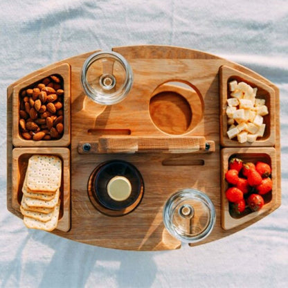 Portable Wooden Wine & Picnic Table with Carry Handle for Outdoor Dining | Folding Wine Caddy Tray for Beach, Park, Camping | Solid Wood
