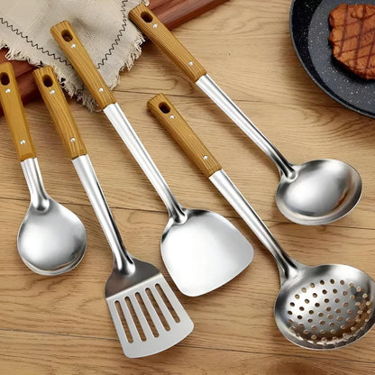 5-Piece Cooking Utensil Set with Wood Handles - Stainless Steel Serving Spoons Spatula Ladle for Nonstick Pans