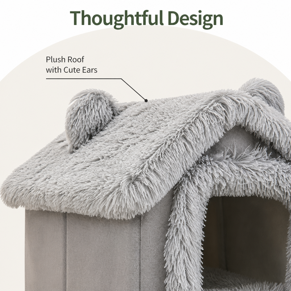 Ortekor Semi-Enclosed Plush Cat Bed (Removable Non-Slip Base)
