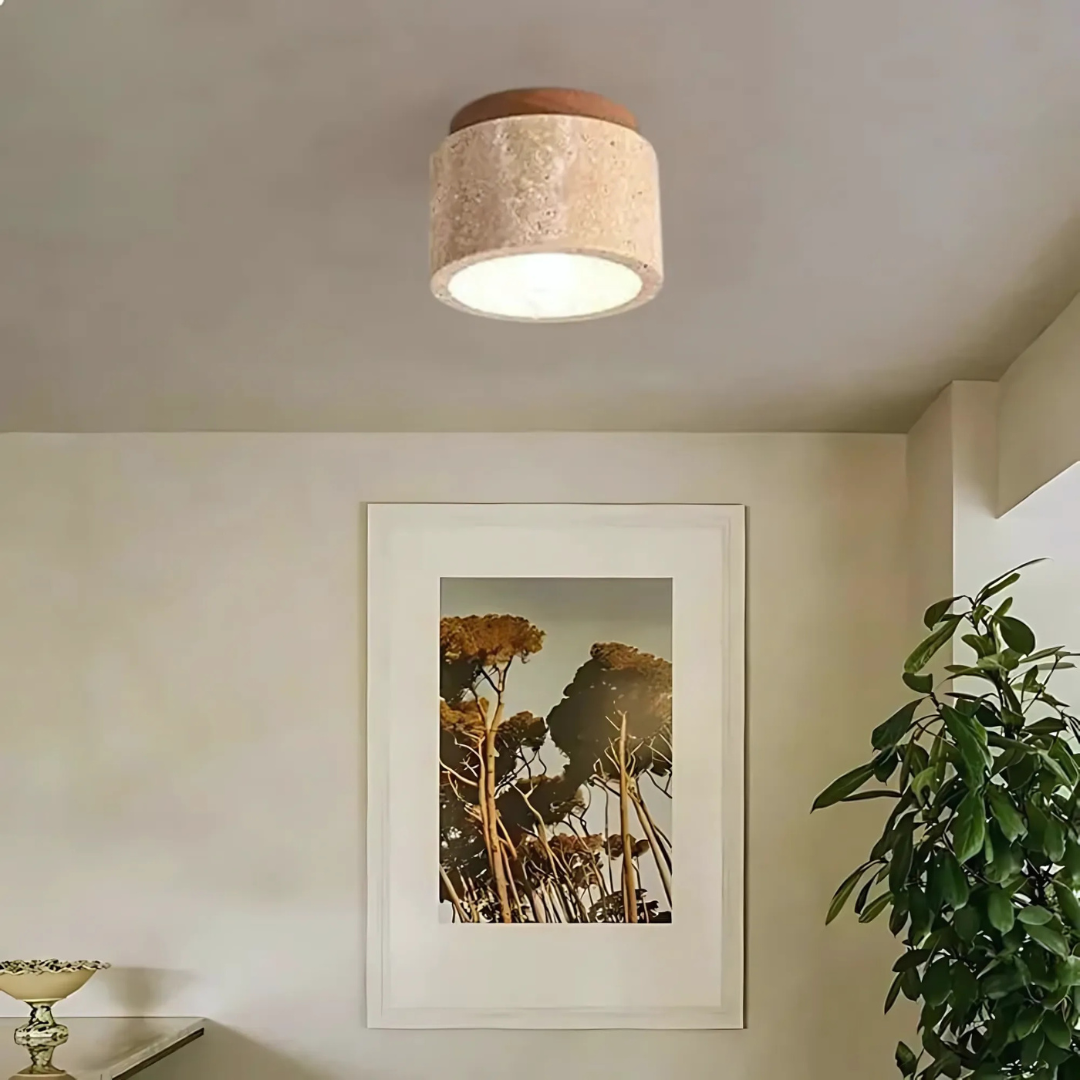 Flush Mount Ceiling Light with Natural Stone and Wood 4.7 Inch Warm Glow for Small Rooms Entryway Compact Lighting Fixture Minimalist Japane