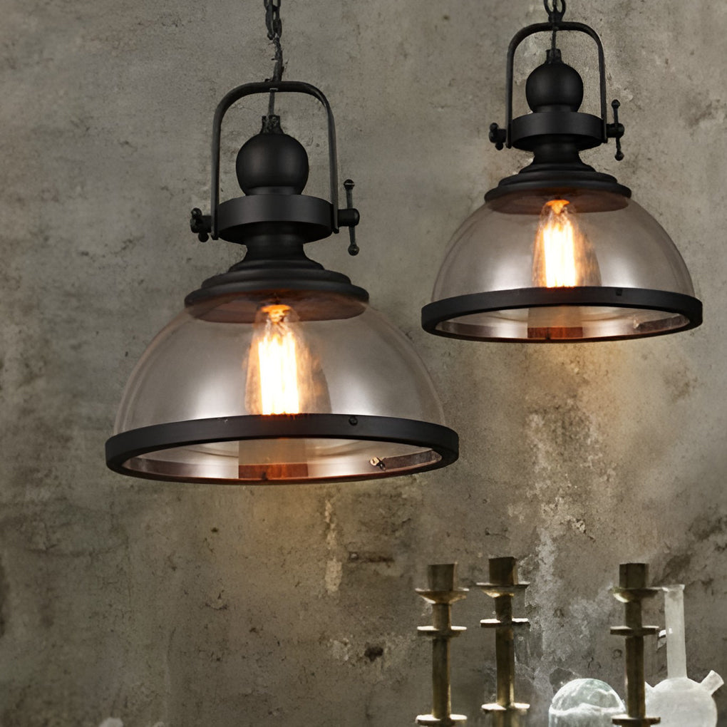 Glass Bowl Pendant Light Industrial Retro Style Hanging Ceiling Fixture Iron Frame E27 Socket for Dining Room Kitchen Island Living Room