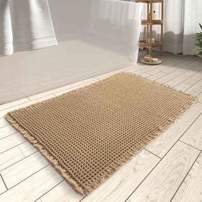 Waffle Weave Bathroom Floor Mat Rapid Drying Slip-Resistant Beige Shower Rug for Modern Homes Plush Comfort