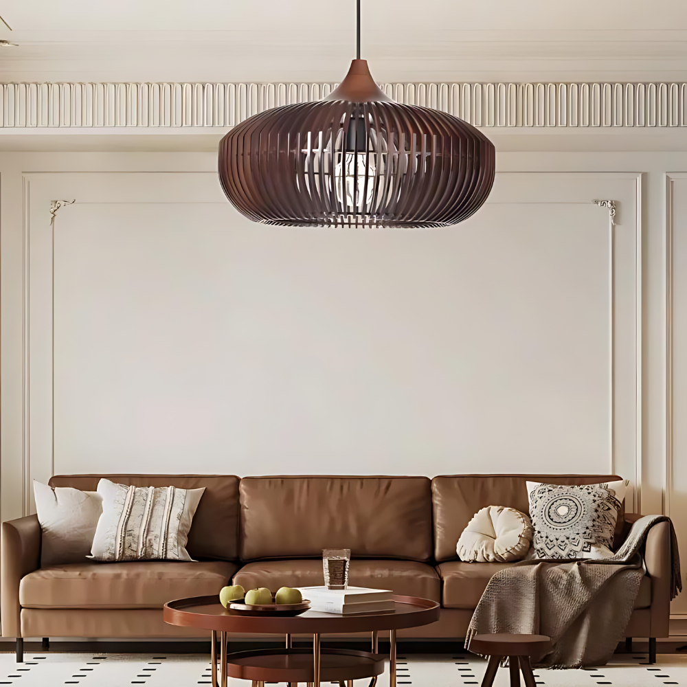Wood Slat Ceiling Fixture Round Natural 17-Inch Japandi Style Above Table Island Ambient Hanging Light for Dining Kitchen Living Room