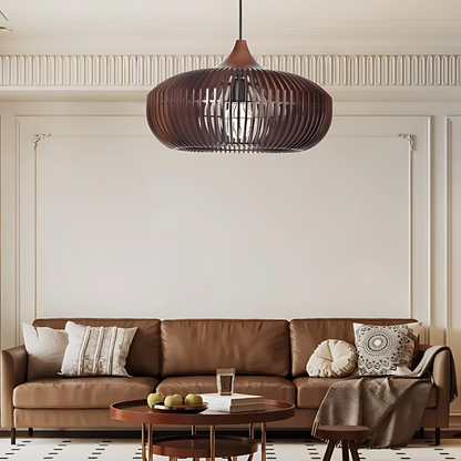 Wood Slat Ceiling Fixture Round Natural 17-Inch Japandi Style Above Table Island Ambient Hanging Light for Dining Kitchen Living Room