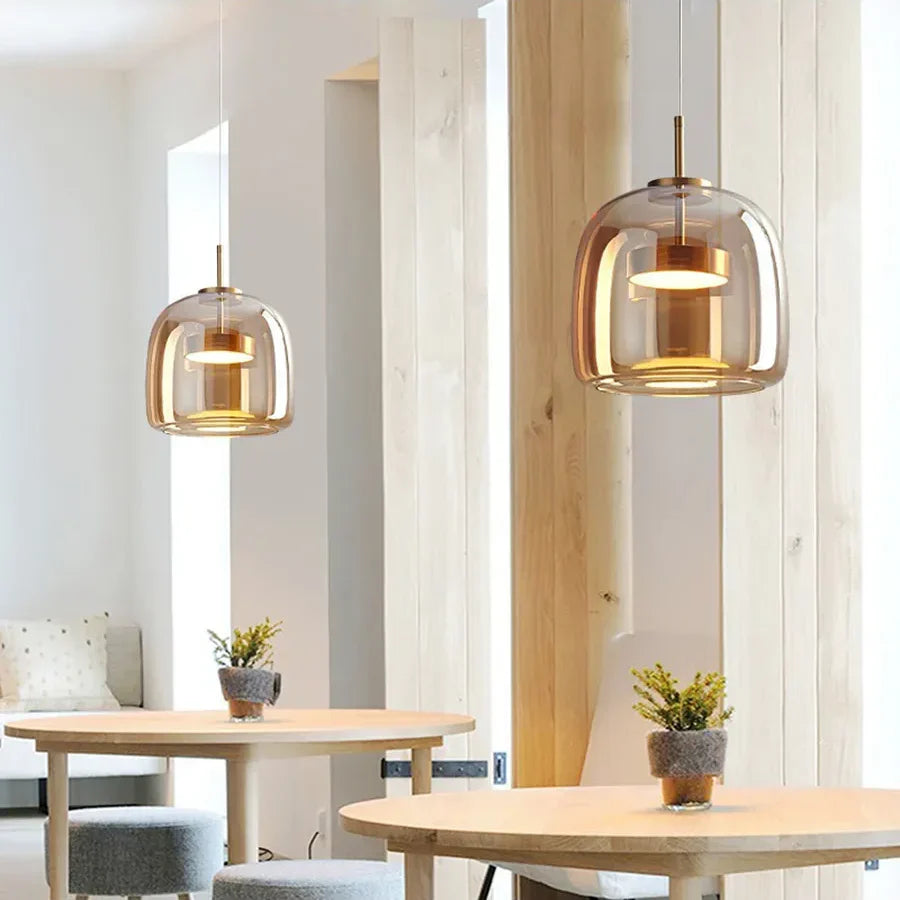 Glass Drop Ceiling Fixture 40 in Adjustable Height Cognac Smoke Gray Over Island Dining Table Modern Nordic Minimalist Hanging Lamp Bedroom