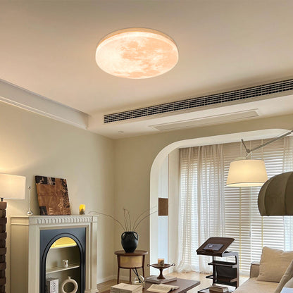 Round Flush Mount LED Ceiling Light with Lunar Surface Design Wood & Acrylic 19 in Diameter for Bedrooms Living Rooms Hallways Modern Ambien