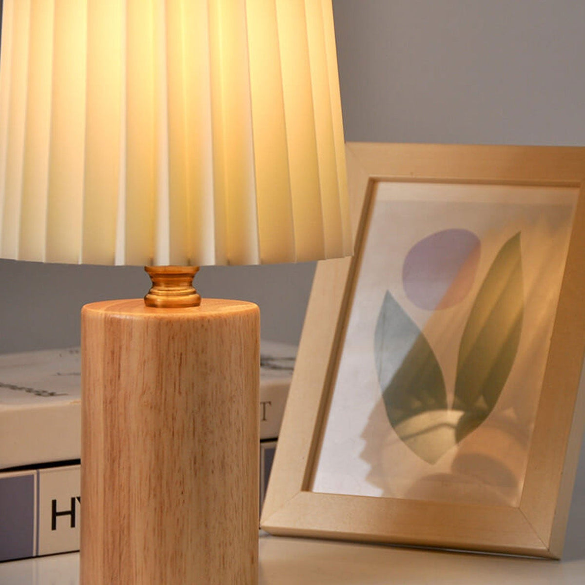 Nightstand Lamp with Pleated Shade Wood Base 12 in Tall USB or E26 Socket Soft Ambient Light for Bedroom Office Reading Scandinavian Modern