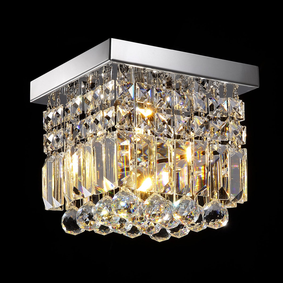 Compact Crystal Ceiling Light Chrome Finish Flush Mount Square Design for Hallway Bedroom Kitchen Entry