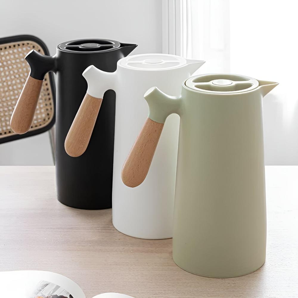 Insulated Beverage Carafe 34 oz Stainless Steel with Natural Wood Grip for Coffee Tea Water Hot Cold Drinks Kitchen Office Dining Room Deskt